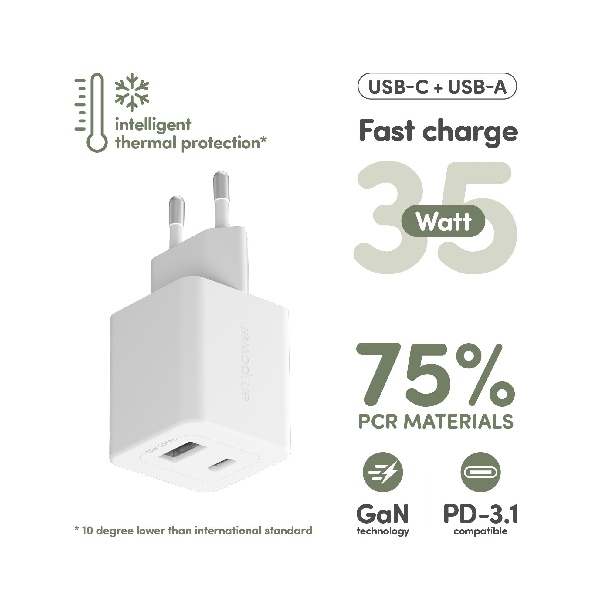 empower by PanzerGlass® Turbo 35W Ladegarät inkl. USB-C + USB-A | EU Anschluss | Silber Weiss